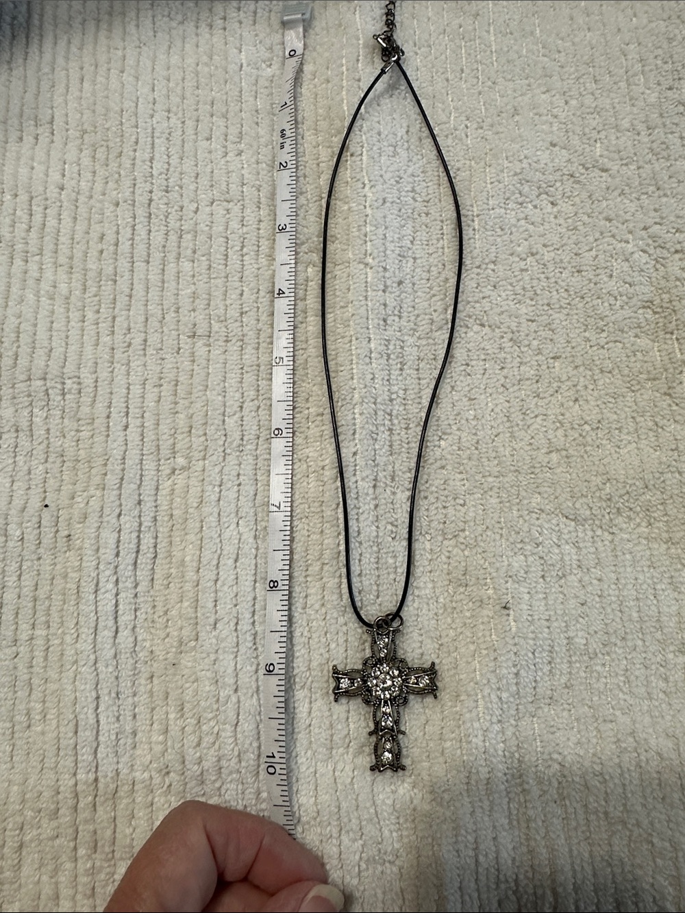 Source Unknown Black Cord Necklace with Silver Crystal Cross Pendant